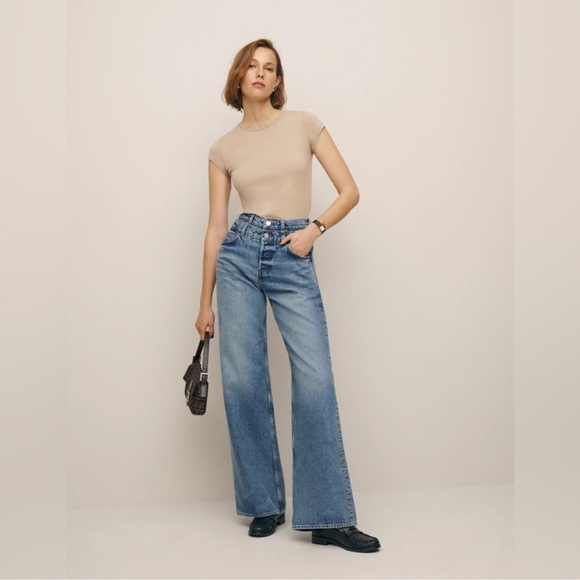 Reformation Denim - Reformation Cary Double Waistband High Rise Slouchy Wide Leg Jeans Rainy sz 28